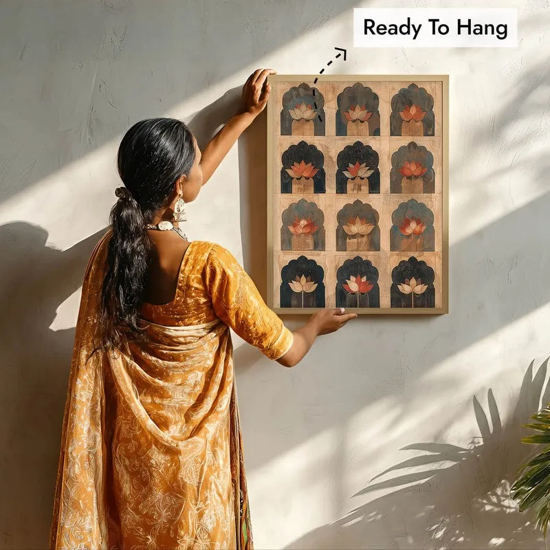Heritage Lotus Arch Motif Canvas Wall Painting With Brown Frame media 10