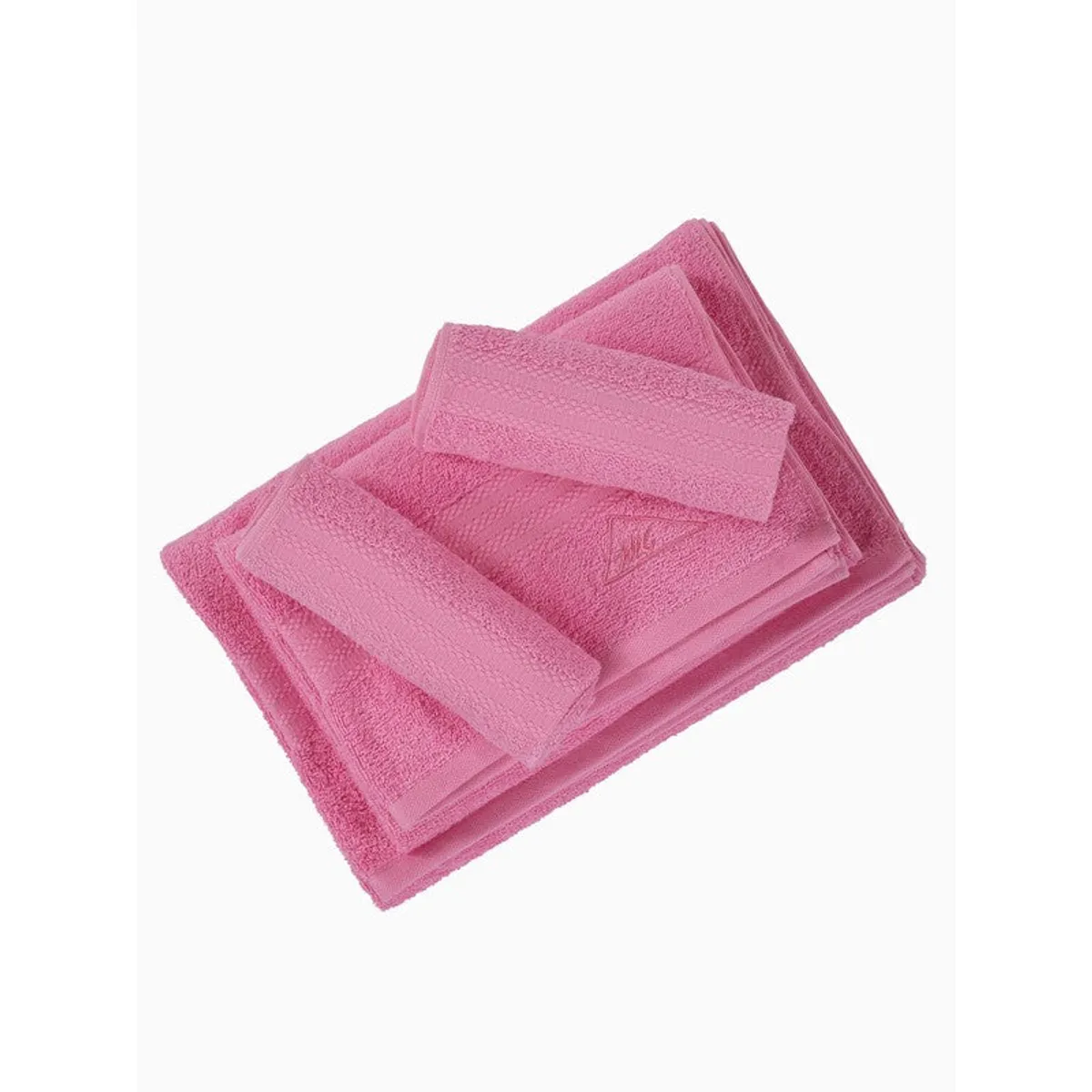 Pink bath and hand towels arranged in a layered stack