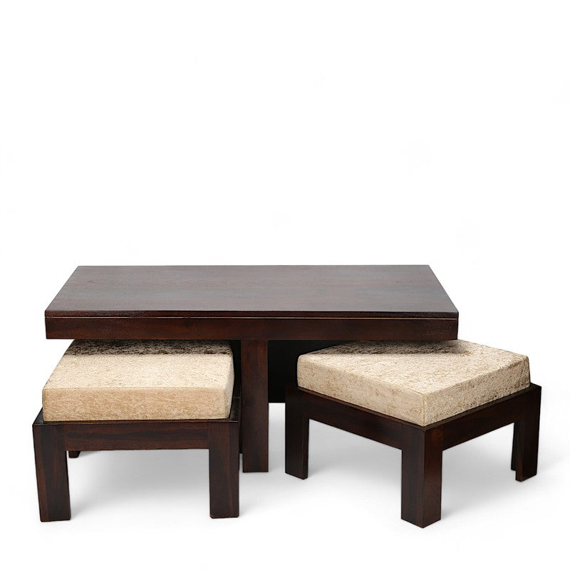 Drexon Sheesham Wooden Center Table with Stools (Deep Brown,Grey) - Five Piece Set media 3