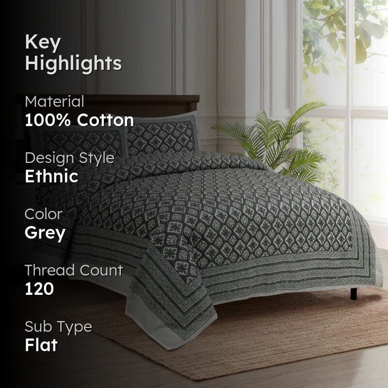 Cultural Kaleidoscope Cotton Bedsheet (Grey) - 120 TC media 2
