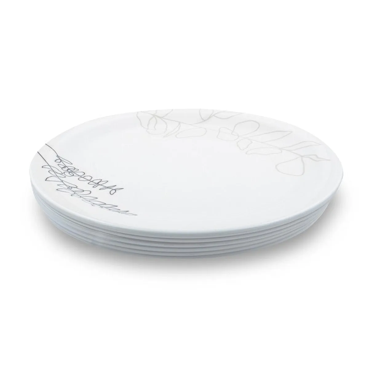 Stack of glossy white dinner plates with subtle botanical border details