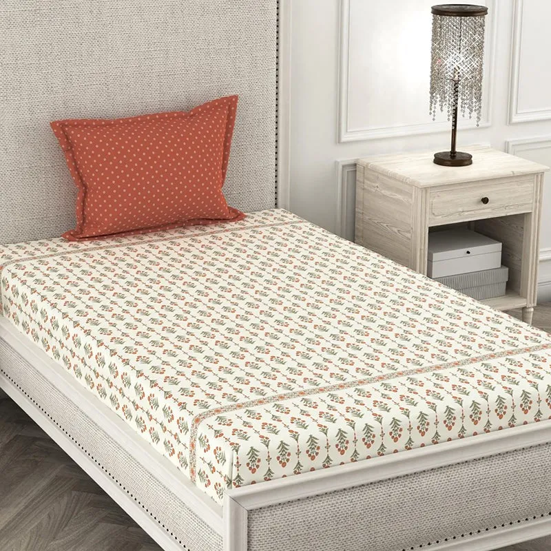 Flowers Of Jaipur Floral Microfiber Microfiber Bedsheet (Green & Orange) - 150 GSM media 1