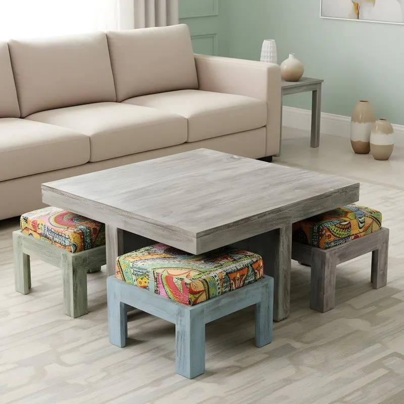 Fervon Sheesham Wooden Center Table with Stools and Cushions (Multicolor) - Nine Piece Set media 1