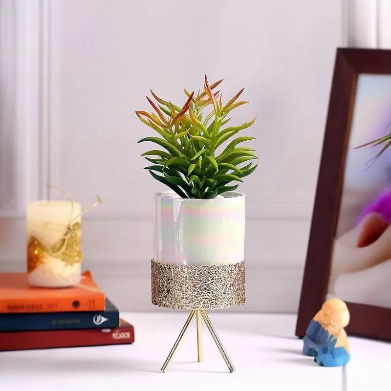 Faux Red Senecio In Ceramic Pot With Tripod - 24.5 cms media 1