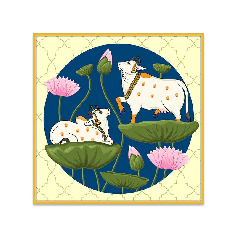 Lotus & Cows Canvas Wall Painting With Frame - Gold media 6