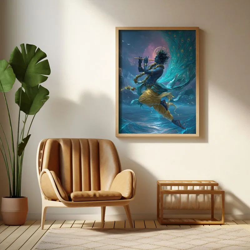 Lord Krishna in Celestial Radiance Archival Paper Wall Art - Natural Brown Frame media 1