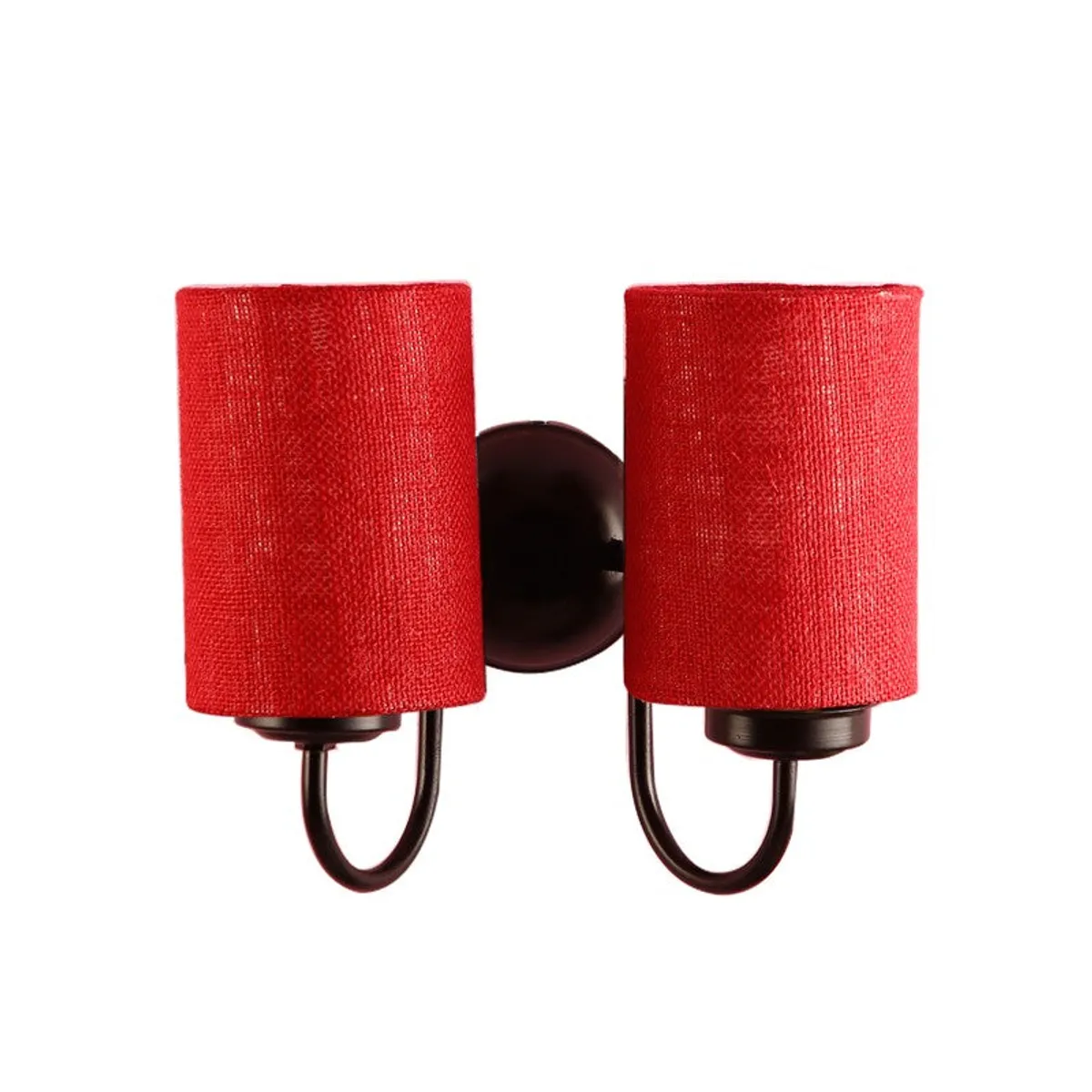 Studio view of red dual wall lamp with curved black iron arms