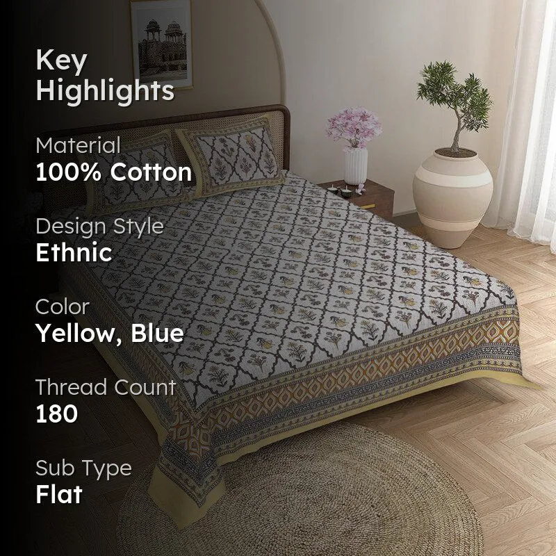 Adhira Ethnic Cotton Bedsheet (Yellow,Blue) - 180 TC media 2