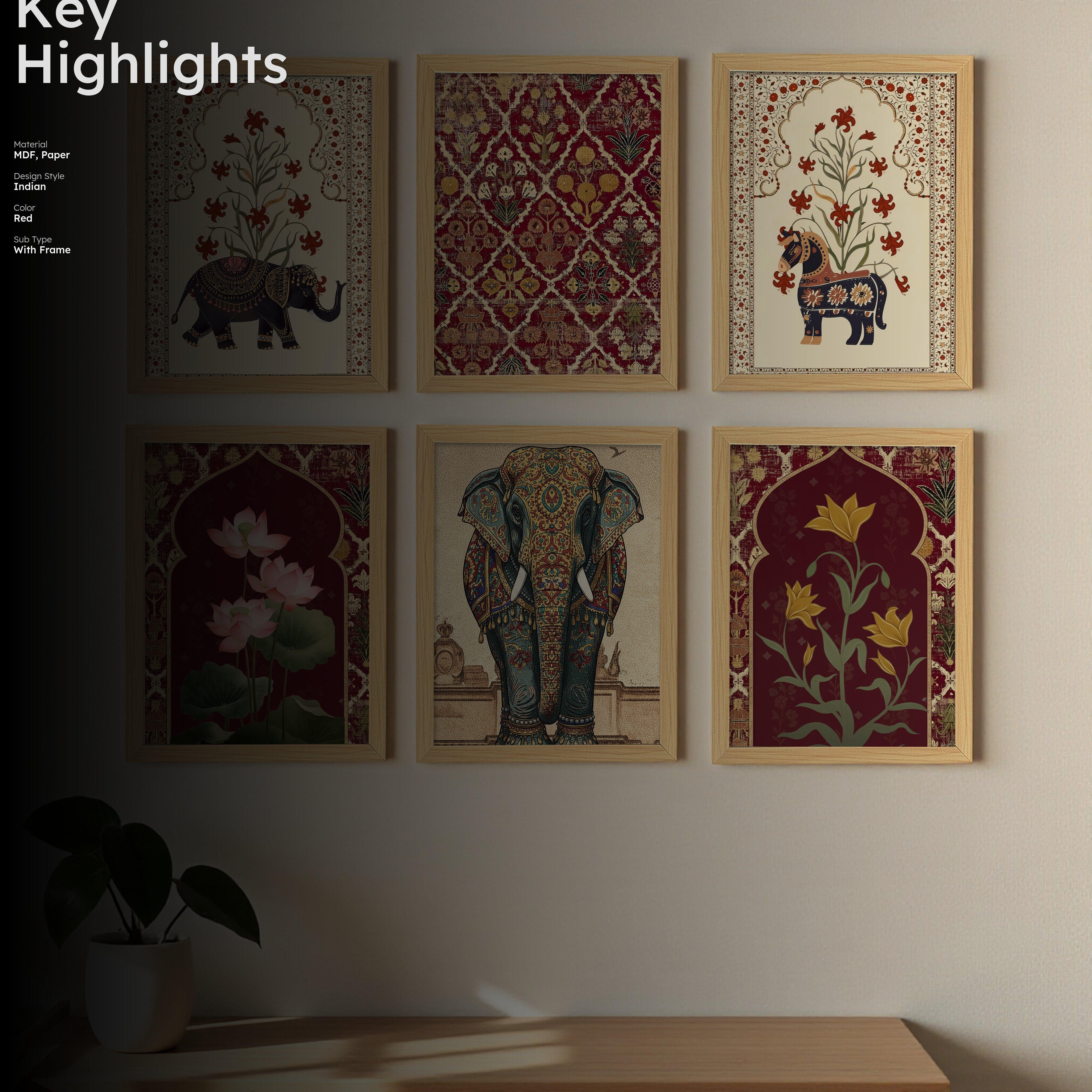 Elephant Motif Ethnic Paper Wall Painting Set With Frame - Set Of Six media 2
