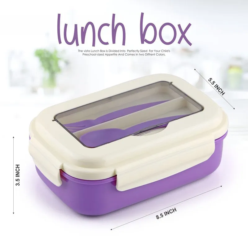 Purple lunch box shown with dimension markers against a light background.