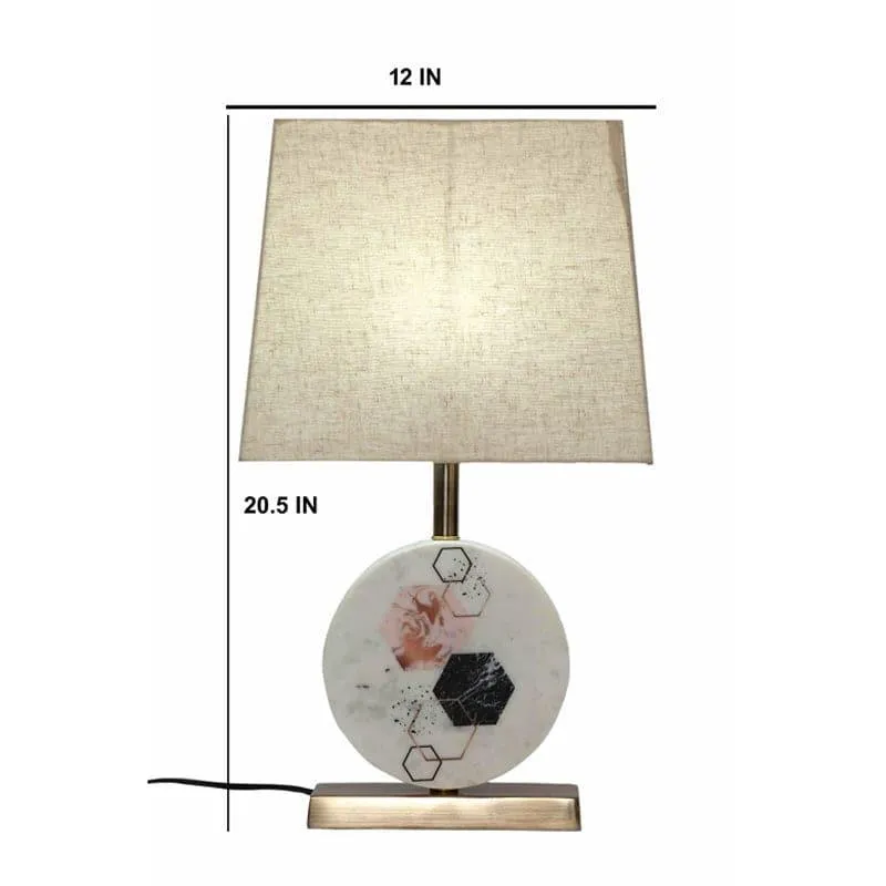 Hexa Marble & Brass Base Fabric Table Lamp - Beige,White media 4