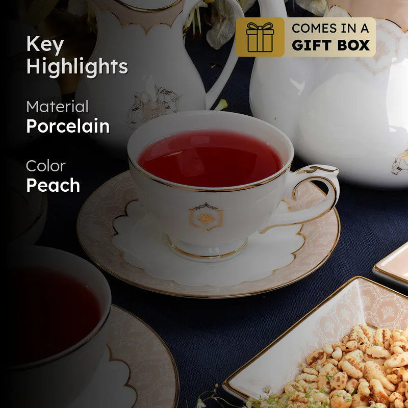 Gilded Legacy 24k Gold Brushed Porcelain Tea Cup & Saucer (Peach/ 300 mL) - Twelve Piece Set media 2