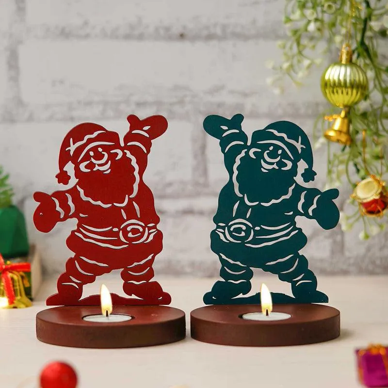 Mr Klaus Wood Christmas Tea Light Holder (Green & Red) - Set Of Two media 3