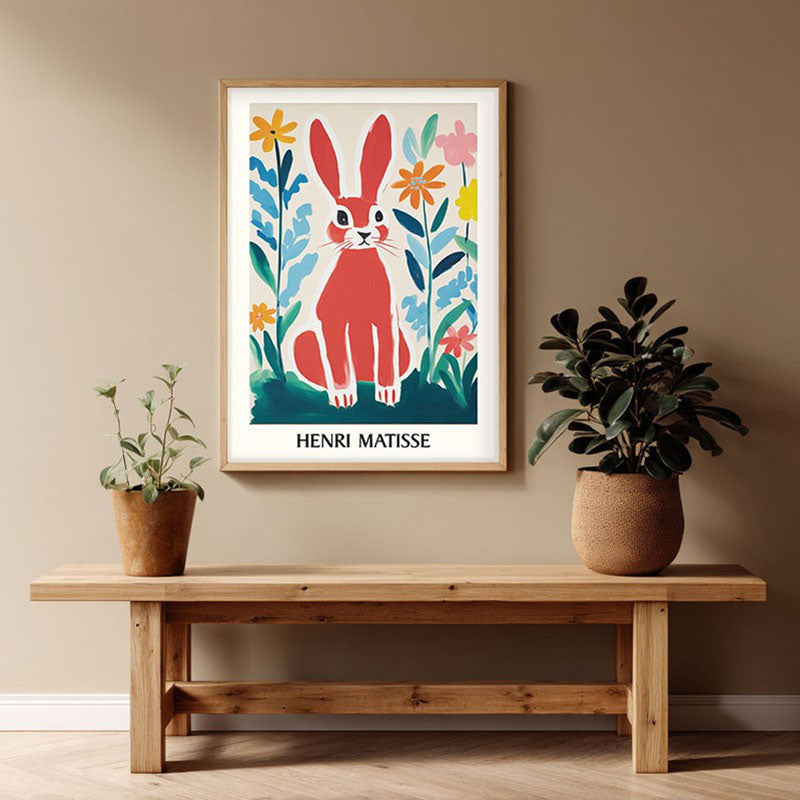 Red Rabbit Inspired by Henri Matisse Archival Canvas Wall Art - Natural Brown Frame
