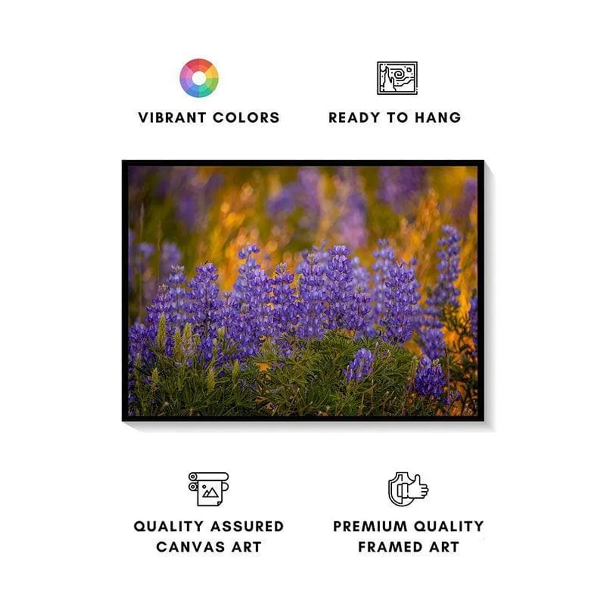 Framed wildflower canvas with purple blooms and feature icons on a white background