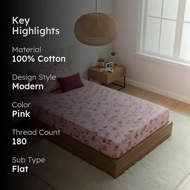 Esmeralda Floral Printed Cotton Bedsheet (Pink) - 180 TC media 2