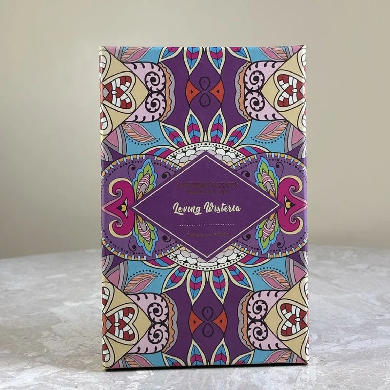 Colourful patterned presentation box standing upright