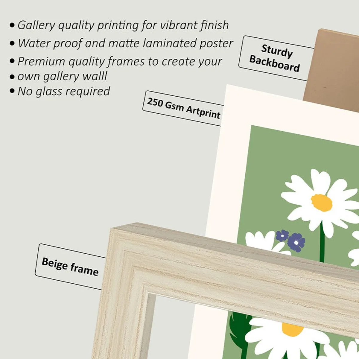 Close-up of beige frame corner with printed art and backboard layers