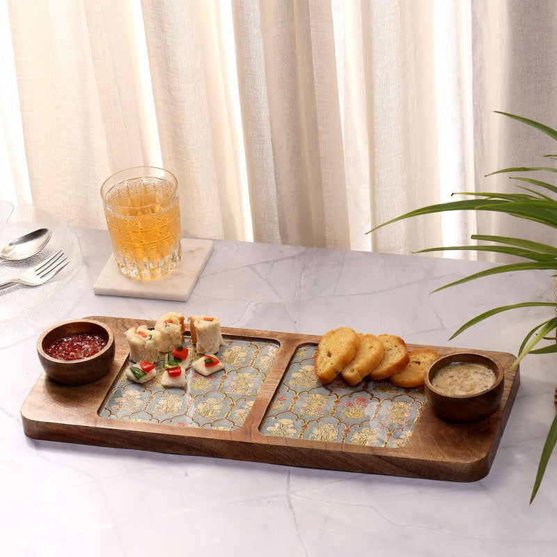 Hexafloral Mango Wood Platter With Dip Bowl - Three Piece Set