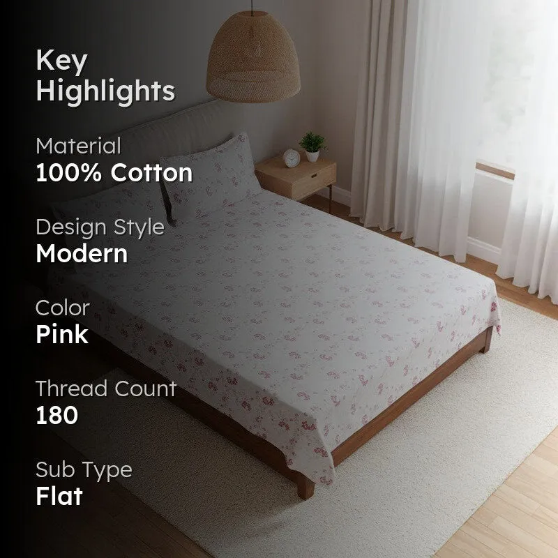 Nivara Floral Cotton Bedsheet (White,Pink) - 180 TC media 2