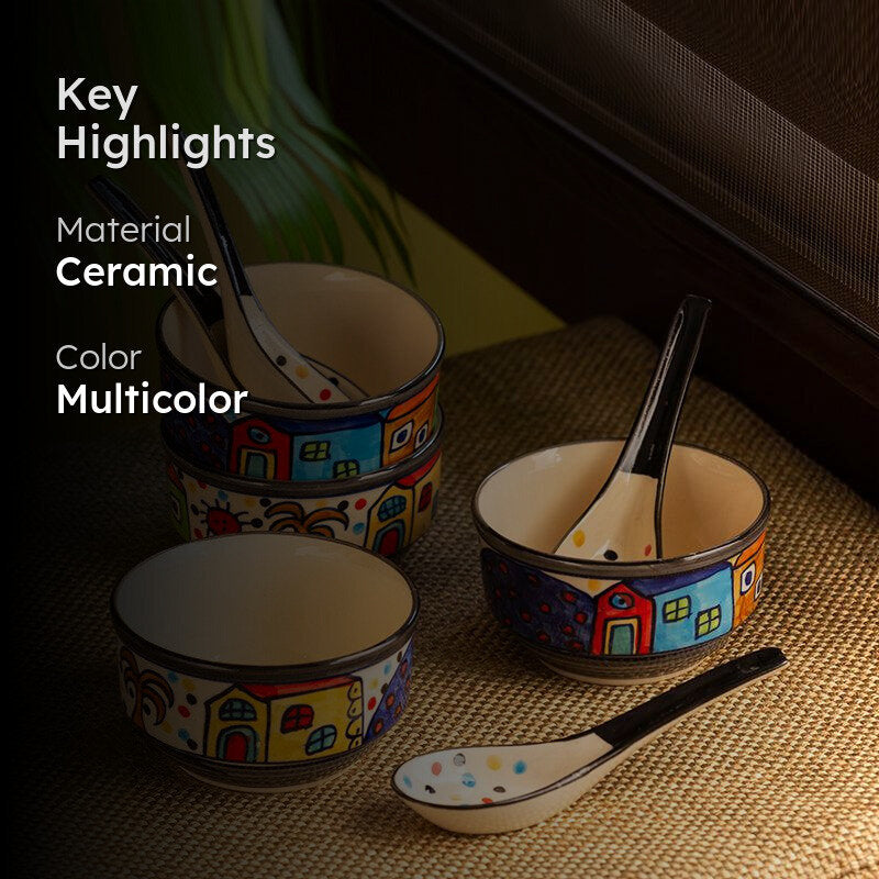 Coastal Cottage Handpainted Ceramic Soup Bowl With Spoon (260 ML) - Eight Piece Set media 2