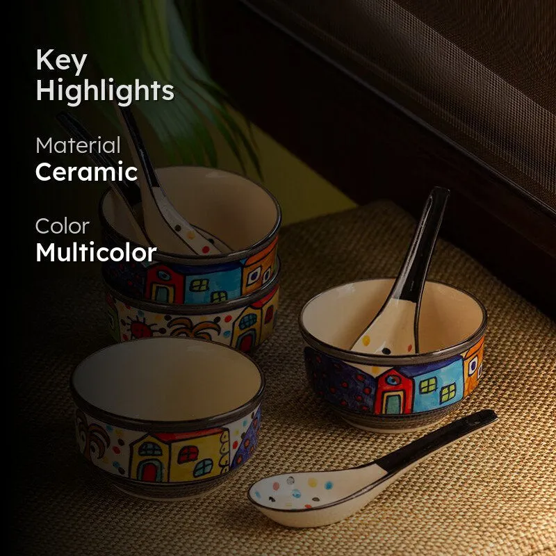 Coastal Cottage Handpainted Ceramic Soup Bowl With Spoon (260 ML) - Eight Piece Set media 2
