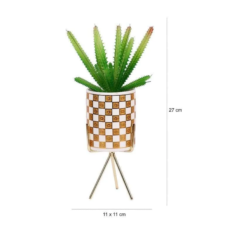 Faux Senecio In Checkered Pot With Tripod - 29.5 cms media 4