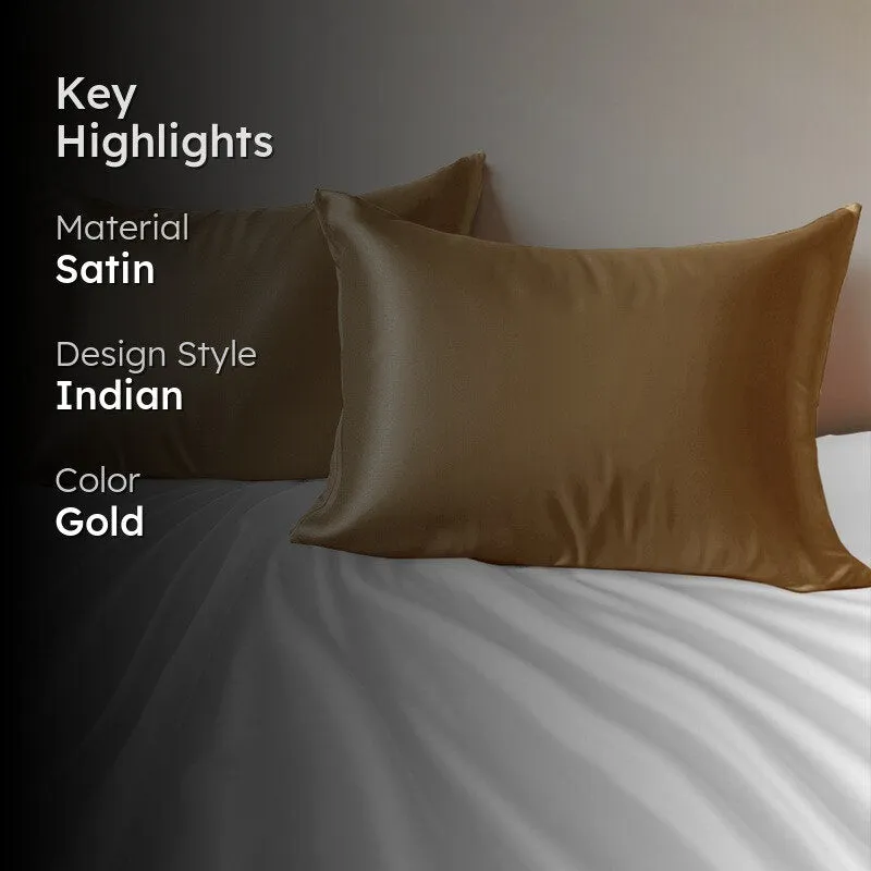 SilkenAura Satin Pillow Cover with a Scrunchy (Gold) - Set Of Two - 2