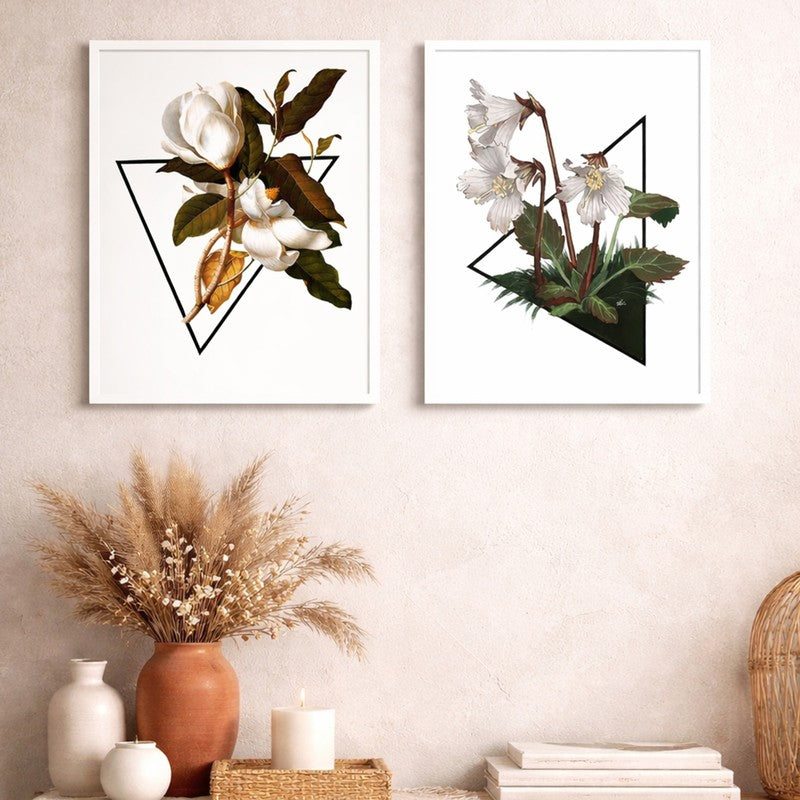 GeoFlora Paper Wall Painting With MDF Frame (White) - Set Of Two