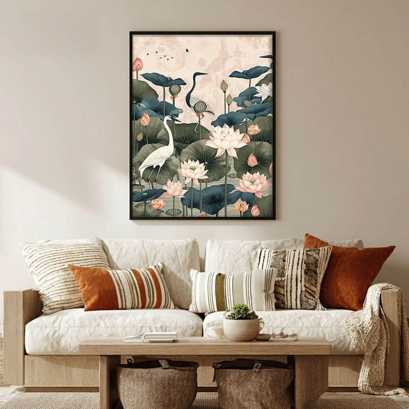 Lotus Garden Birds Canvas Wall Painting With Black Frame