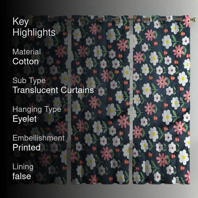 Anas Floral Cotton Curtain - Set Of Three media 2