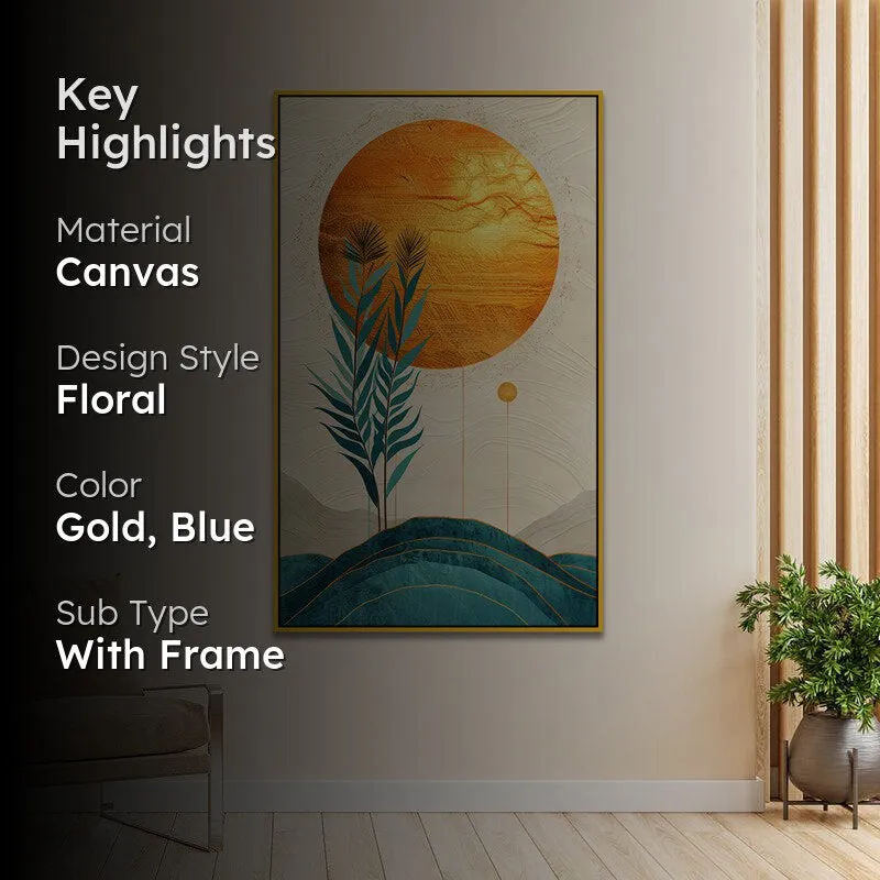 Sunset Indigo Branch Floral Canvas Wall Painting With Frame - Gold media 2