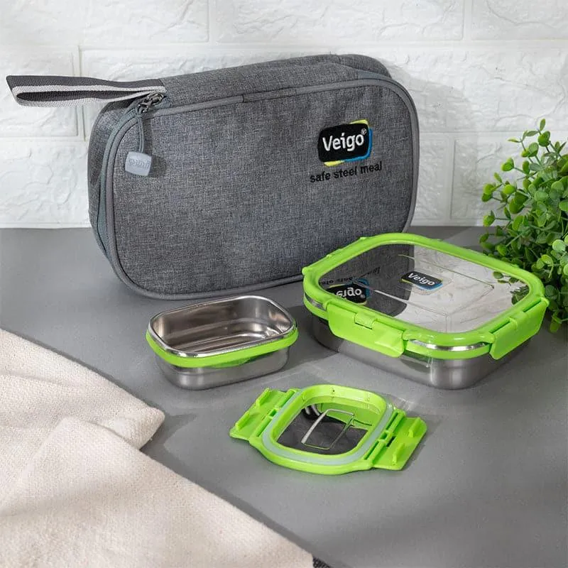 Two green-lidded stainless steel lunch boxes displayed with a grey pouch