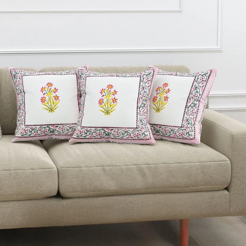 Basanti Bloom Jaipuri Block Print Cushion Cover - Set Of Three media 1