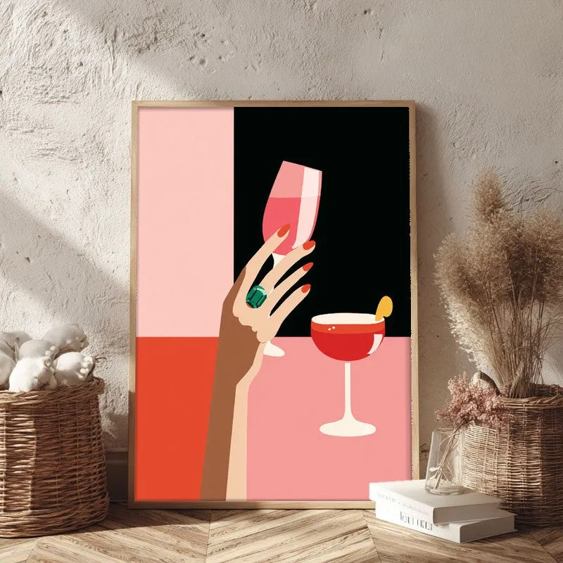 Vintara Wine Sip Illustration Canvas Wall Painting With Brown Frame media 3