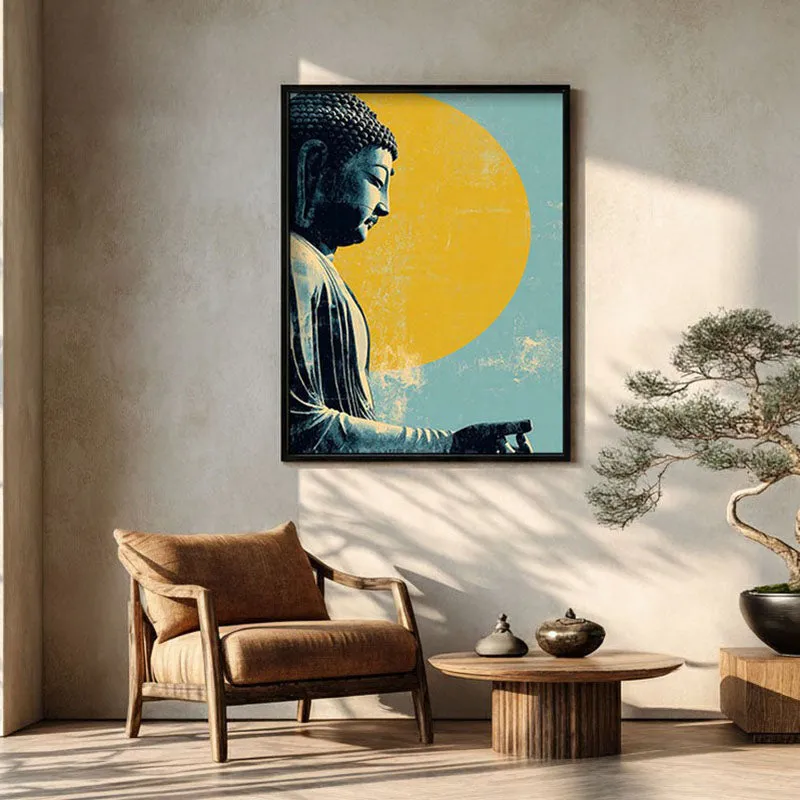 Buddha In Golden Aura II Archival Paper Wall Painting With Black Frame media 1