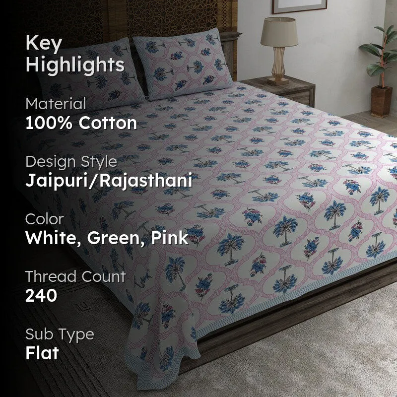 Desion Cotton Bedsheet (White,Green,Pink) - 240 TC media 2