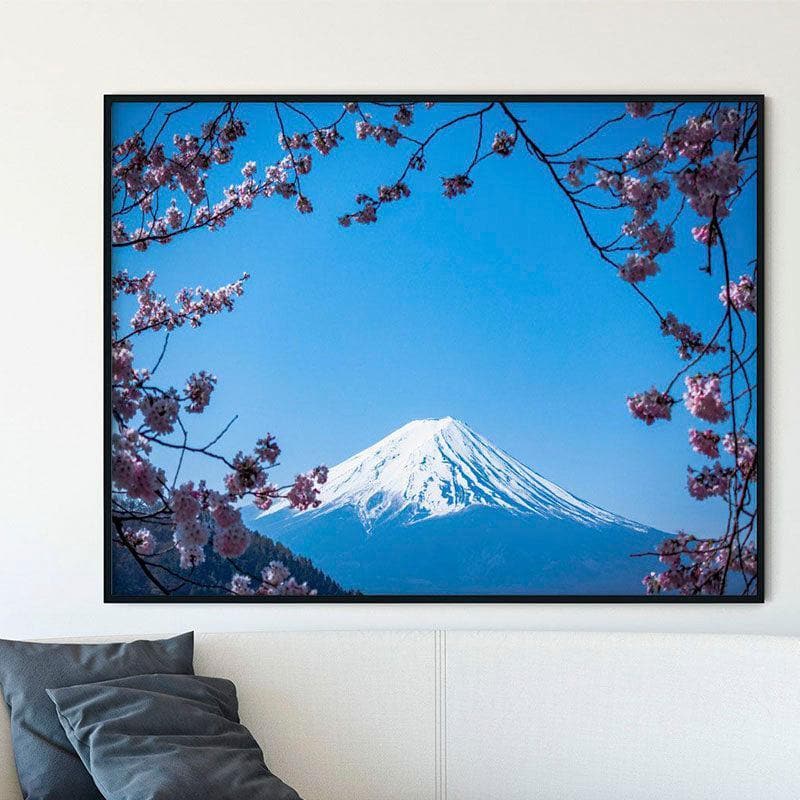 Pink Blossom & Fuji Canvas Wall Painting - Black Frame