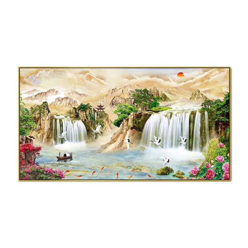 Savannah Waterfalls Landscape Canvas Wall Painting With Frame - Gold media 4