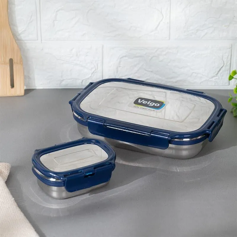 Meal Master Navy Blue Steel Lunch Box (775/150 mL) - Two Piece Set media 1