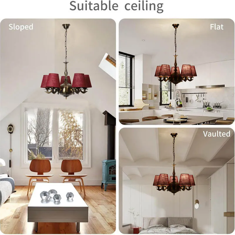 Collage showing the chandelier installed in sloped, flat and vaulted ceiling rooms