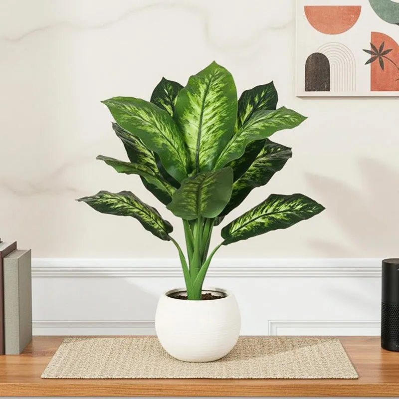 Faux Lush Dieffenbachia Plant With Black Plastic Pot - 3.0 Feet media 1