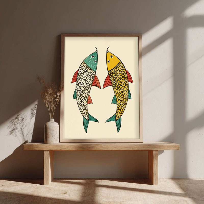 Twin Fish Folk Art Canvas Wall Painting With Brown Frame media 5