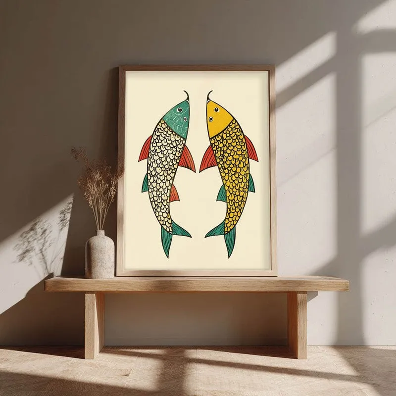 Twin Fish Folk Art Canvas Wall Painting With Brown Frame media 5