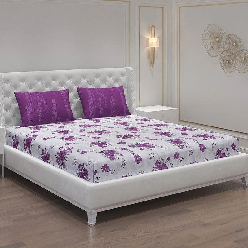 Monte Carlo Petal Story Cotton Bedsheet (White,Purple) - 104 TC media 1