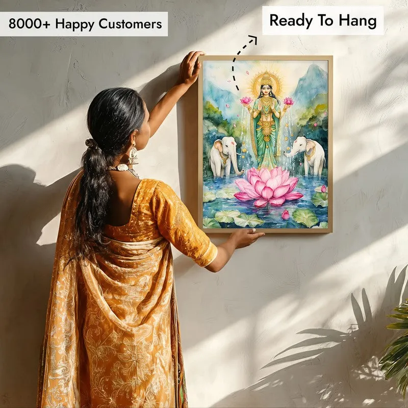 Divine Gaja Lakshmi Spiritual Archival Paper Wall Painting - Natural Brown Frame media 7