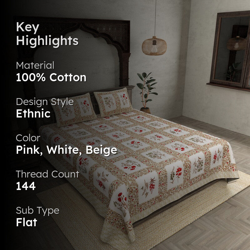 Aditri Floral Printed Cotton Bedsheet (White,Pink) - 144 TC media 2