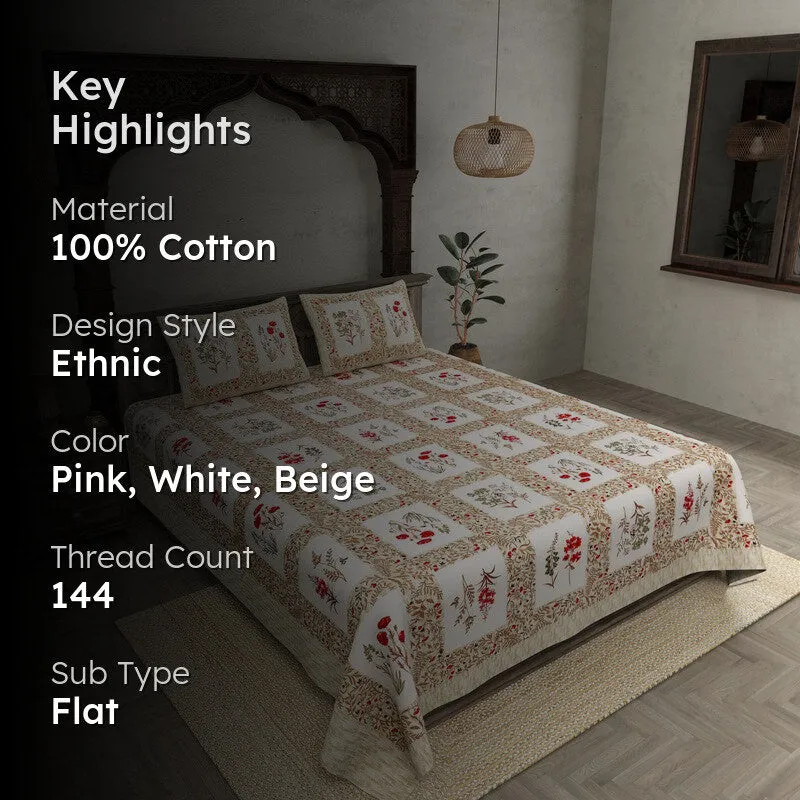 Aditri Floral Printed Cotton Bedsheet (White,Pink) - 144 TC media 2
