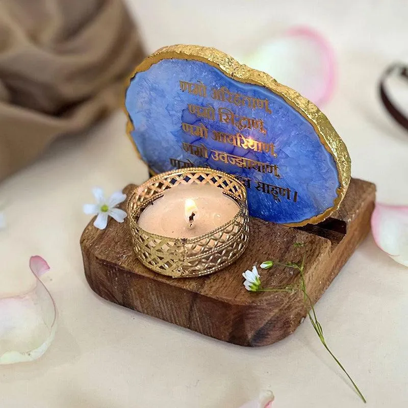 Namokar Mantra Agate Religious Accent With Tea Light Holder - Blue media 4