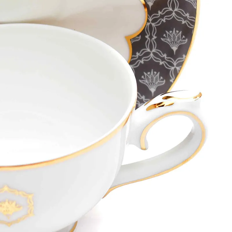 Gilded Legacy 24k Gold Brushed Porcelain Tea Cup & Saucer (Grey/ 300 mL) - Set of Six media 6